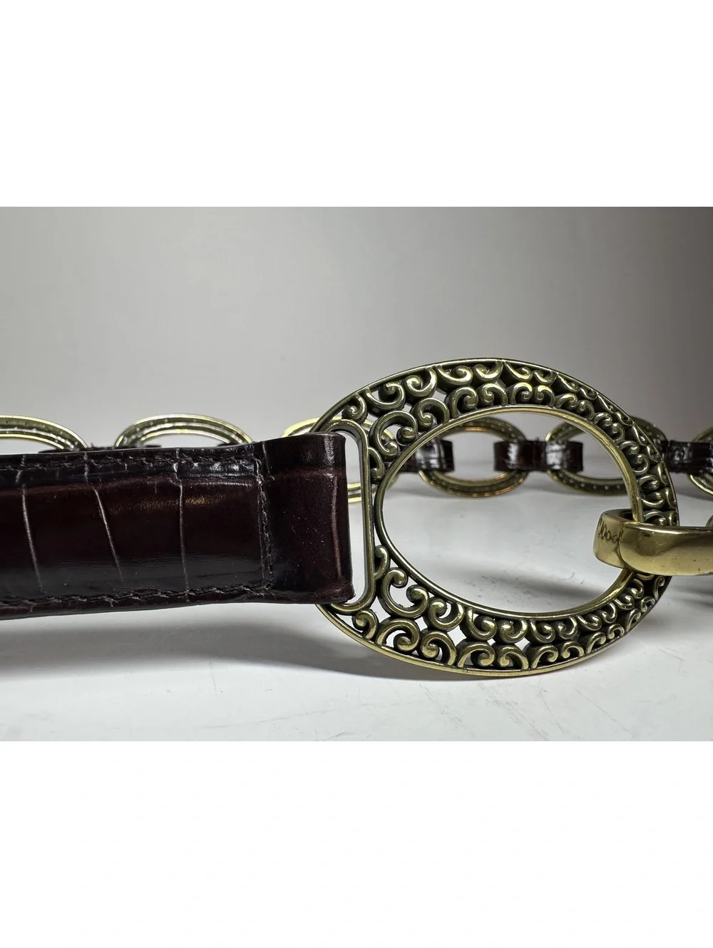 Vintage Brighton Dark Brown Croc-Embossed Leather Brass Tone Chain Links Size 32